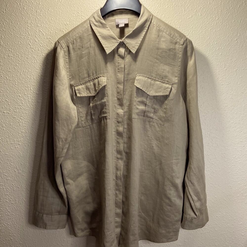 J. Jill Women Khaki 100% Ramie Long Sleeve Lagenlook Button Down Blouse Size M